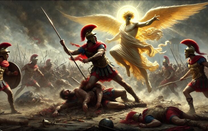Diomedes, Aeneas’a ölümcül bir darbe indirmek üzereyken, tanrı Apollon savaş alanına müdahale eder. Parlayan ilahi ışığıyla Aeneas’ı korur ve savaşın seyrini değiştirir.
